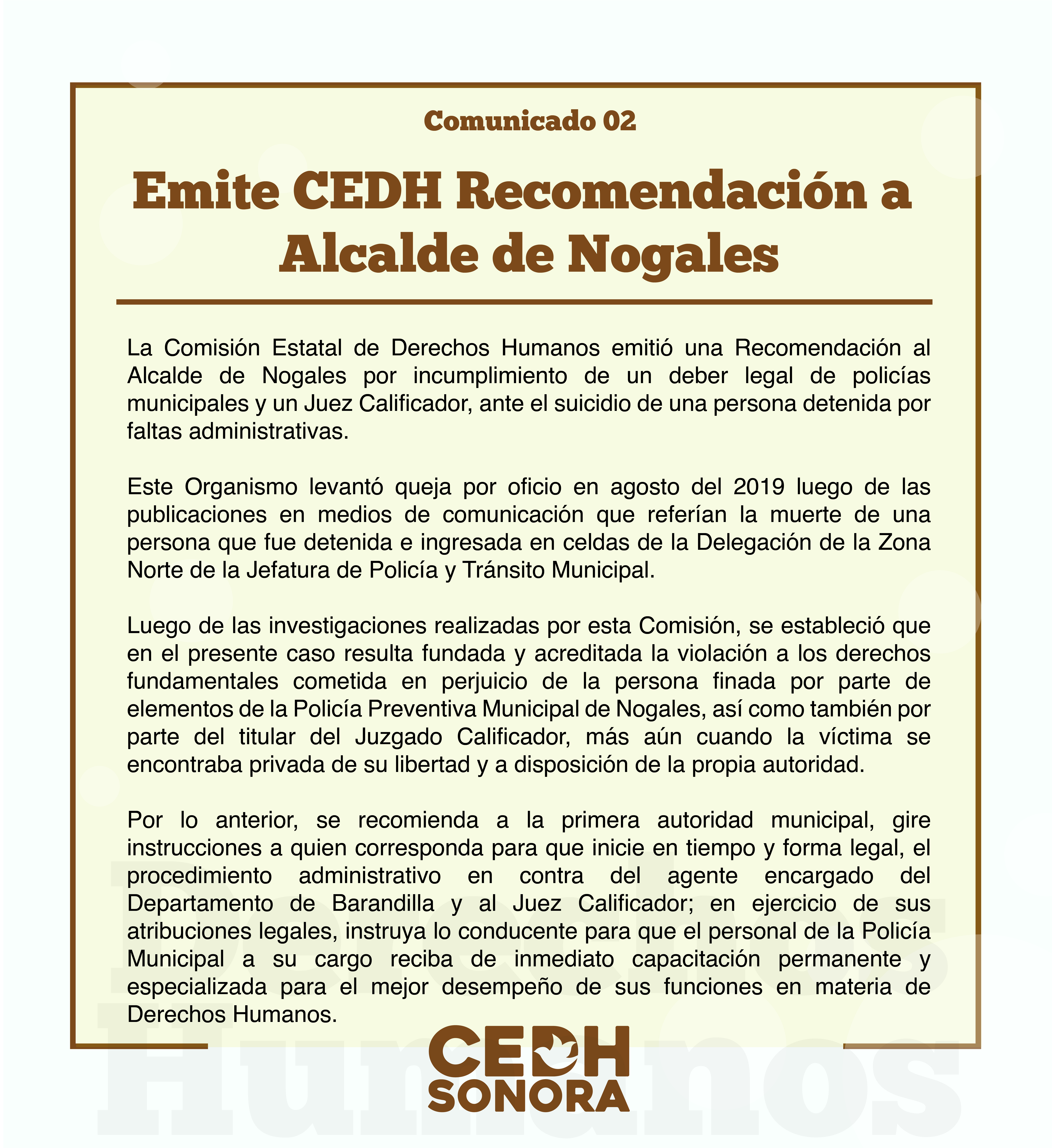 Emite CEDH Recomendación a Alcalde de Nogales